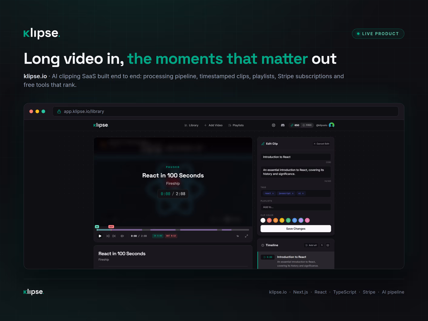 Klipse AI video clipping application showing the dark-themed interface with video library