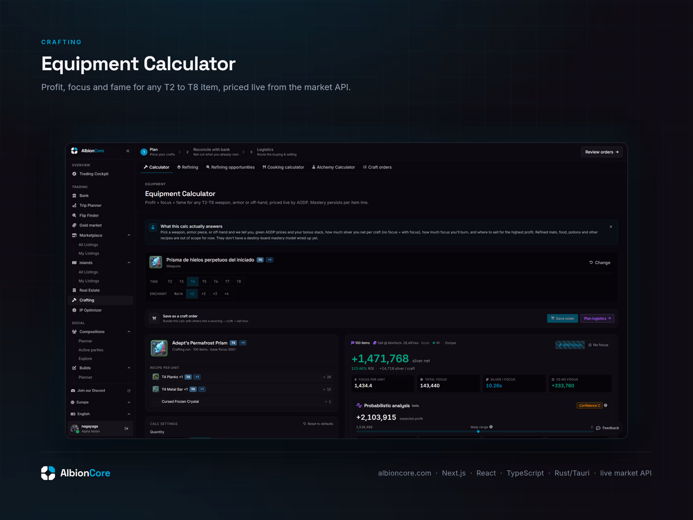 Equipment crafting calculator