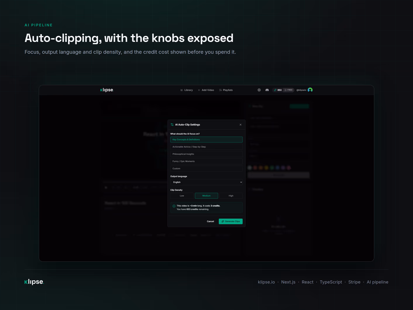 AI auto-clipping pipeline with the controls exposed